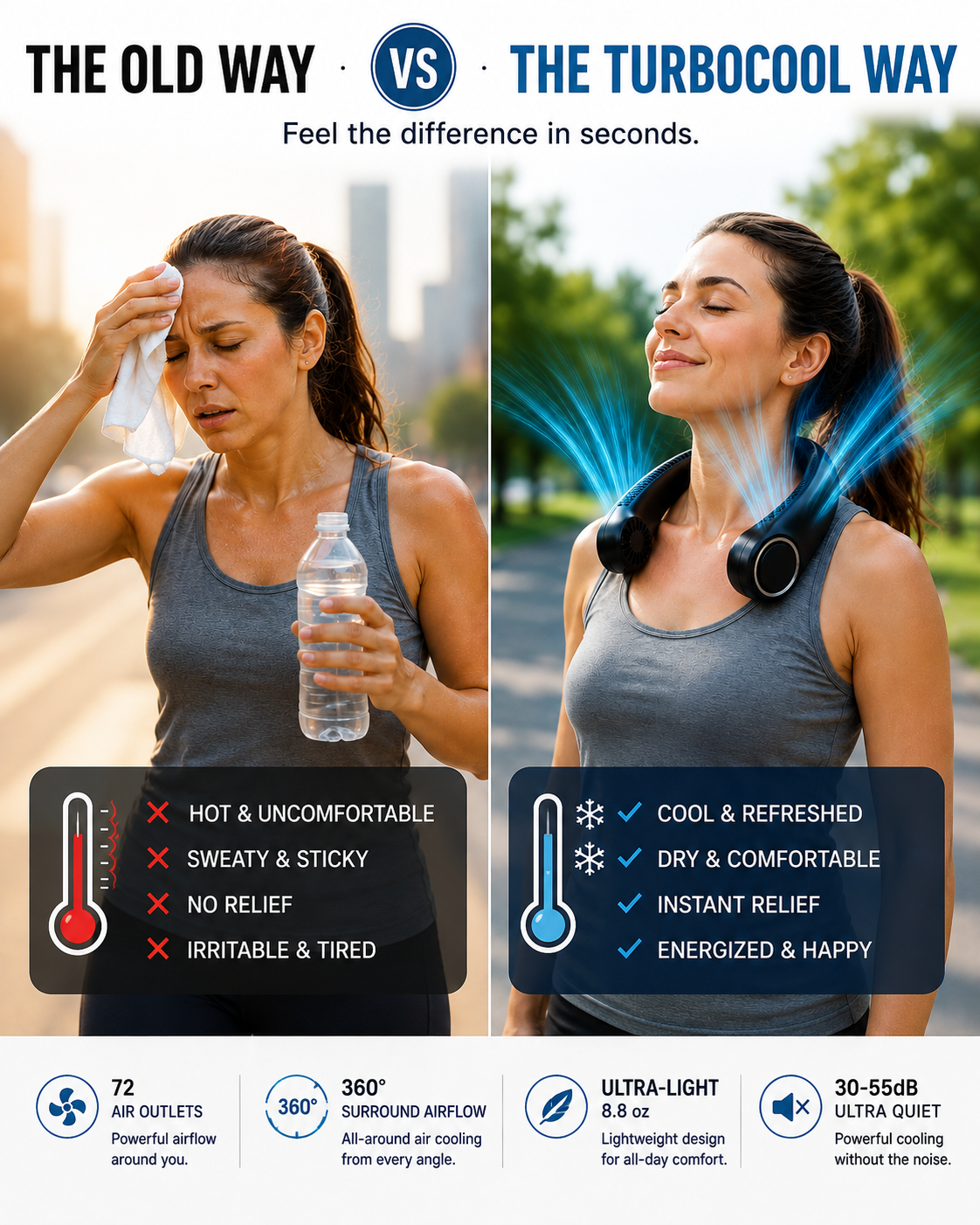 The old way versus the TurboCool way: hot, sweaty and irritable compared to cool, dry and refreshed