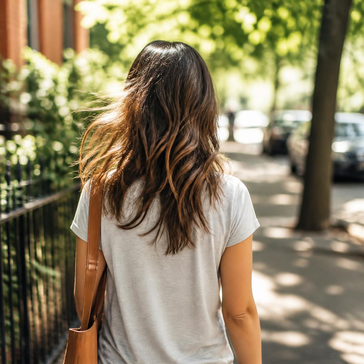 Woman walking on a sunny tree-lined sidewalk with a light breeze in her hair
