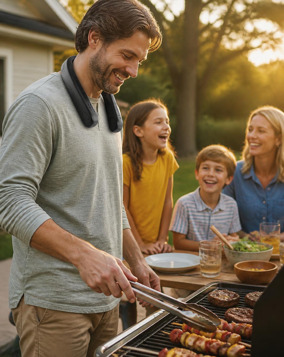 Father wearing the TurboCool neck fan while grilling with family in a backyard