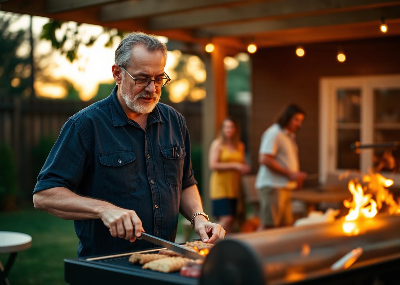 Man grilling in a backyard at golden hour with family nearby