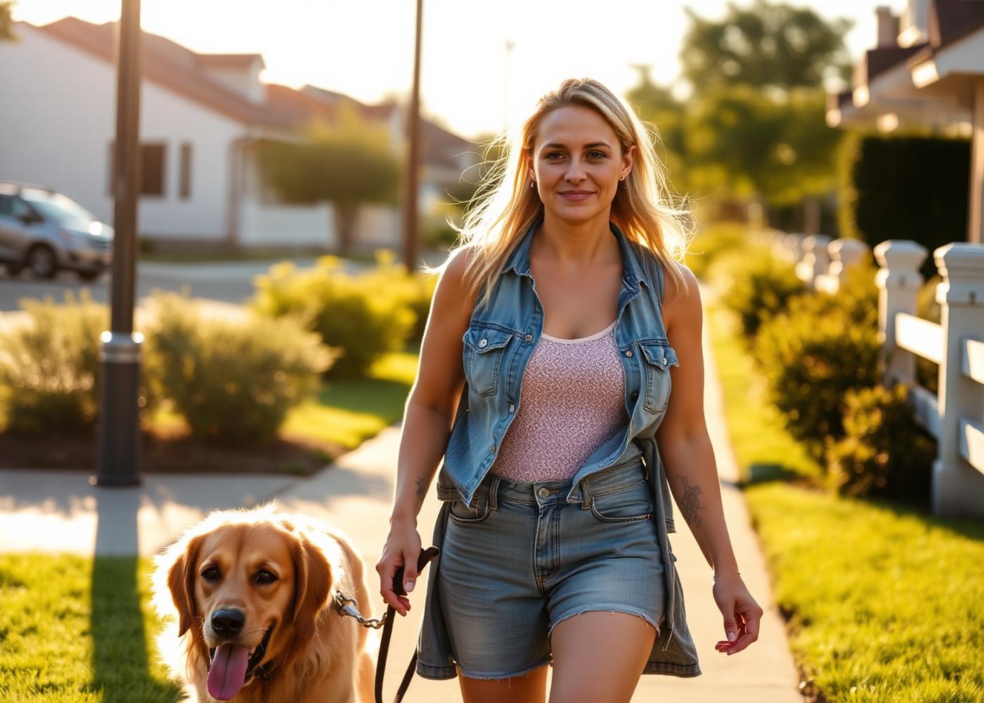 Woman walking her dog on a sunny sidewalk